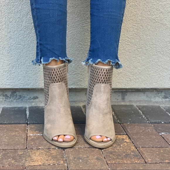 Taupe Peep Toe Perforated Laser Cut Ankle Bootie - Picture 4 of 8